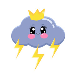 Cartoon kawaii cloud with thunder and lightning. Cute baby vector character isolated on white background for kids