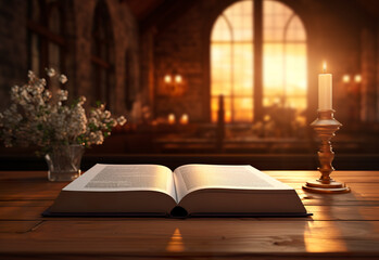 An open book on a table in an environment with emotional expressiveness. Open book in church setting with sunset light in faith theme.