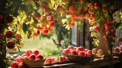 the season of autumn. a rural garden. On a tree in the background are ripe red apples.