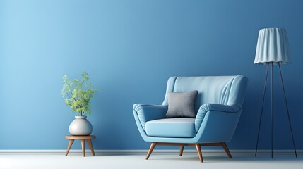 interior rendering of a blue living room with a comfortable, luxurious armchair