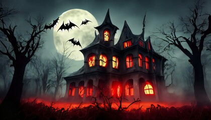 New Halloween night scene with old haunted house