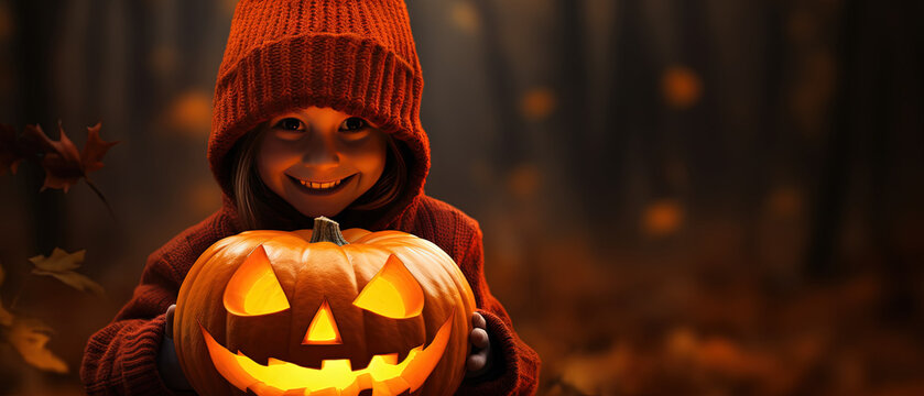 Jack o lantern in hands of little girl in forest at Halloween. Generative AI