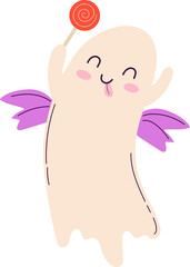 Cute smiling handdrawn ghost with a lollipop