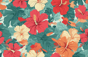 Fototapeta premium a blue background with pink and yellow flowers, a silk screen maximalism, wallpaper, repeating pattern, made of flower