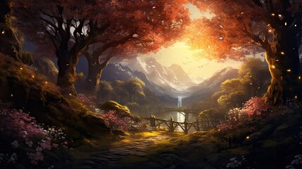 Forest scenery with a lake and mountains, fantasy forest, abstract illustration