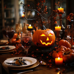 Naklejka na ściany i meble Halloween table setting with candles, pumpkins and candlesticks