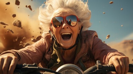 Energetic joyful and smiling elderly woman riding bicycle. 