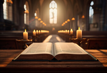 An open book on a table in an environment with emotional expressiveness. Open book in church setting with sunset light in faith theme. - obrazy, fototapety, plakaty