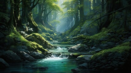 Abstract forest scenery, flowing river in a forest with rocks, illustration
