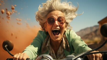Obraz premium Energetic joyful and smiling elderly woman riding bicycle. Generative AI