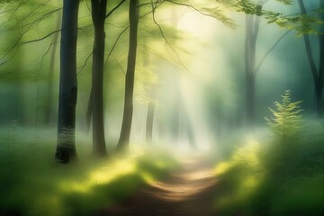mysterious forest in the morning.mysterious forest in the morning.forest in a misty morning