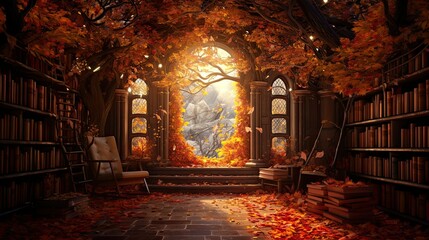 Fantasy portal in an enchanted library, autumn leaves, fairy tale art, digital illustration - obrazy, fototapety, plakaty