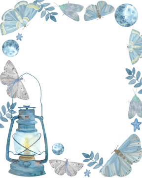 Watercolor frame with old kerosine lamp, night moths, moon and foliage. Fantasy background. Fairytale magic style design. Celestial frame with a place for text. Esoteric and astrology design