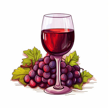 Simple vector illustration, glass filled with red wine, hand drawing, white background. Fresh wine. Flat Style. Colorful cartoon illustration. Isolated on white background. Design for menu, bar, cafe,