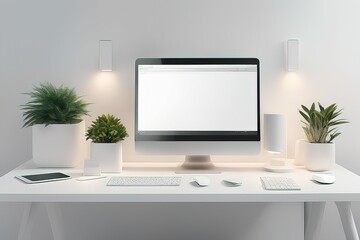 modern laptop with blank screen on table with white wall in office. workplace and mockup design conc