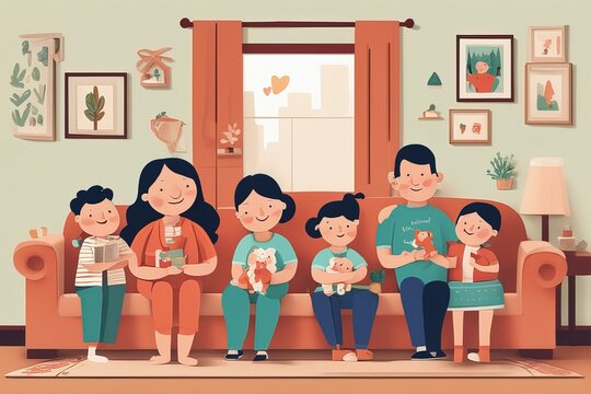 happy family with children at home. cartoon flat vector illustration. mother and son and daughter si