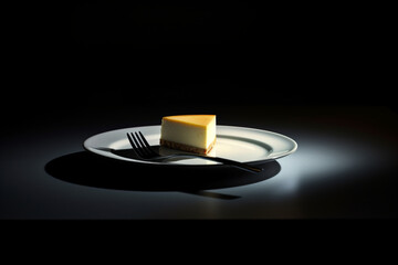 piece of cake on a plate, cheesecake on a plate, a plate with a piece of cheesecake and a fork, dark background, food illustration
