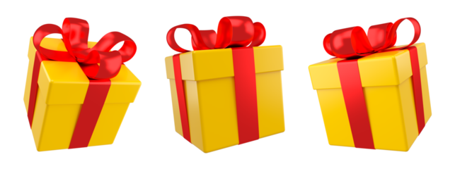 Christmas and New Year's Day event concept. Set of yellow gift box with red ribbon bow isolated. 3d rendering.