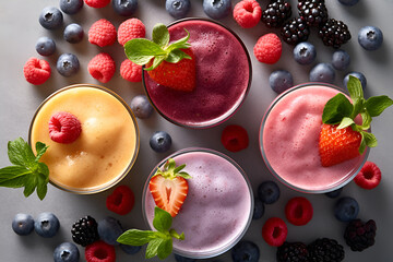 Selection assortment of colourful Healthy fresh fruit and vegetable smoothies with ingredients