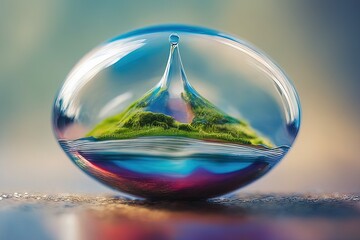 a drop of water falls on a glass sphere with a blurred backgrounda drop of water falls on a glass sp - obrazy, fototapety, plakaty