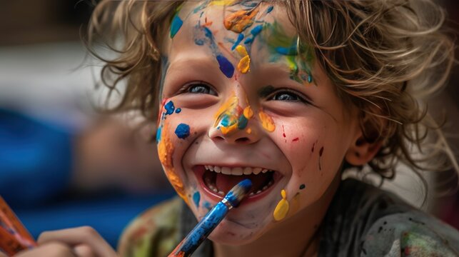 Cute little boy with painted face having fun on holi festival