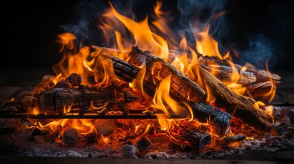 Close up of burning flames, bonfire, bbq fire, BBQ camp. BBQ grill with glowing charcoal and bright flames Generative AI.