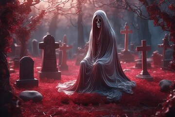 a ghost with red and white wings on the background of a dark forest, a ghost with the red blood in t