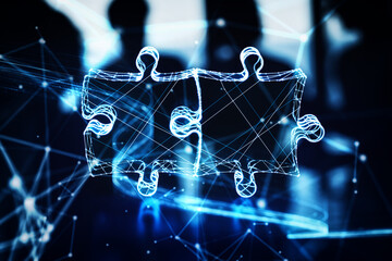 Illuminated wireframe of two connected puzzle pieces on dark blue background. 3D Rendering - obrazy, fototapety, plakaty