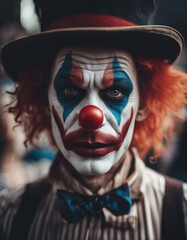 Portrait of a clown with a sad and thoughtful face on a blurred background of a city street.