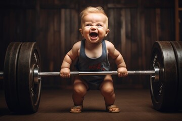 Fototapeta na wymiar Little smiling strong Boy lifts a barbell. Generative AI