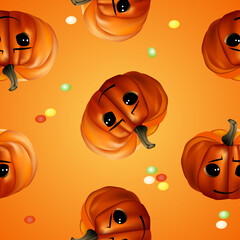 Seamless Halloween pattern . Cute pumpkins on orange background and sweets