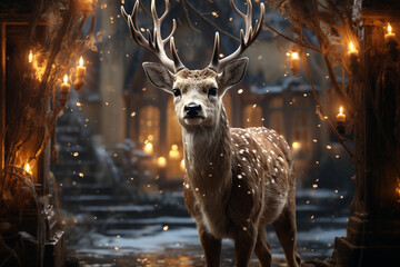 fairy reindeer in snow ,christmas lights background - obrazy, fototapety, plakaty