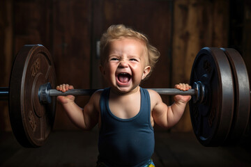 Little  smiling strong Boy lifts a barbell. Generative AI