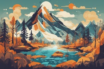 beautiful landscape of mountain lake, mountain and forest, illustration, vector, art illustrationbea