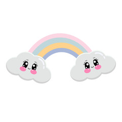 Cartoon rainbow with kawaii little clouds. Cute weather icon for kids
