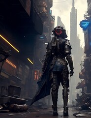 A lone figure from the future, clad in cyberpunk armor, stands in the middle of a steampunk city, surrounded by the chaos of a timeline gone away.