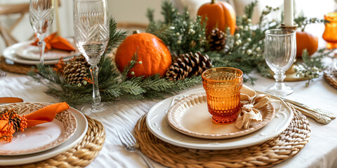 Autumn and Thanksgiving table decoration with whote mini pumpkins. Table served for Christmas dinner
