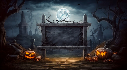 Halloween party. Wooden banner with pumpkin head jack lanterns, burning candles, bats in dark spooky mystery forest at Halloween night. invitation. Copy space, space for message, digital ai