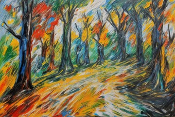colorful painting of autumn landscape with trees and foliage in the backgroundcolorful painting of a