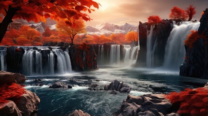 Autumn waterfalls against a backdrop of trees covered in vibrant reds and oranges