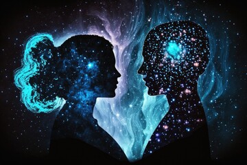 Silhouette of man and woman in deep space