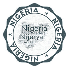 Nigeria logo. Artistic country badge with word cloud in shape of Nigeria. Round emblem with country name. Powerful vector illustration.