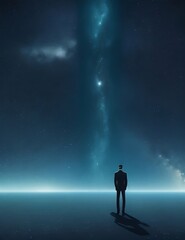 A man stands in a vast, empty void, surrounded by a million tiny stars, as he realizes the world he thought he knew was nothing more than a computer simulation.