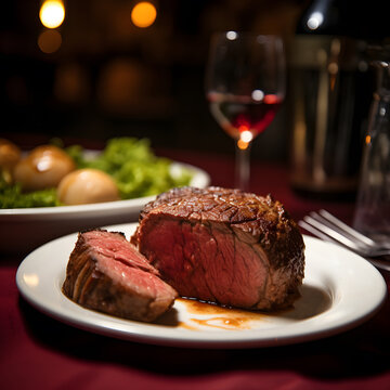 Rare steak cut in half, served with red wine and salad