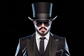 A head shot of a middle aged man in a tuxedo against a black background. The man has facial hair, beard, sunglasses and sunglasses.