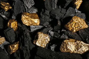 Golden nuggets on black charcoal, closeup