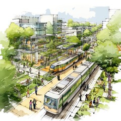 Urban planning sketch highlighting sustainable elements - obrazy, fototapety, plakaty