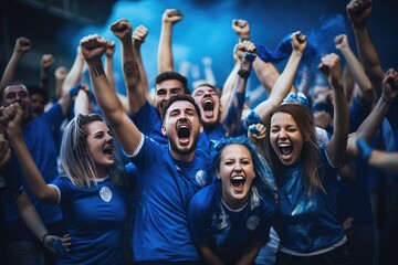 Group of football fans are cheering for their team victory mix colour t shirt. Generative ai