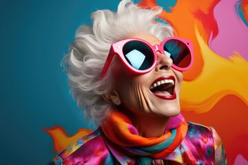 Funny smiling old woman colorful portrait. Generative AI