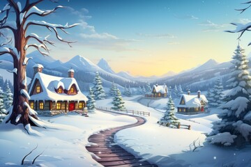 Winter in the village, holiday season postcard style illustration. Merry christmas and happy new year concept - obrazy, fototapety, plakaty